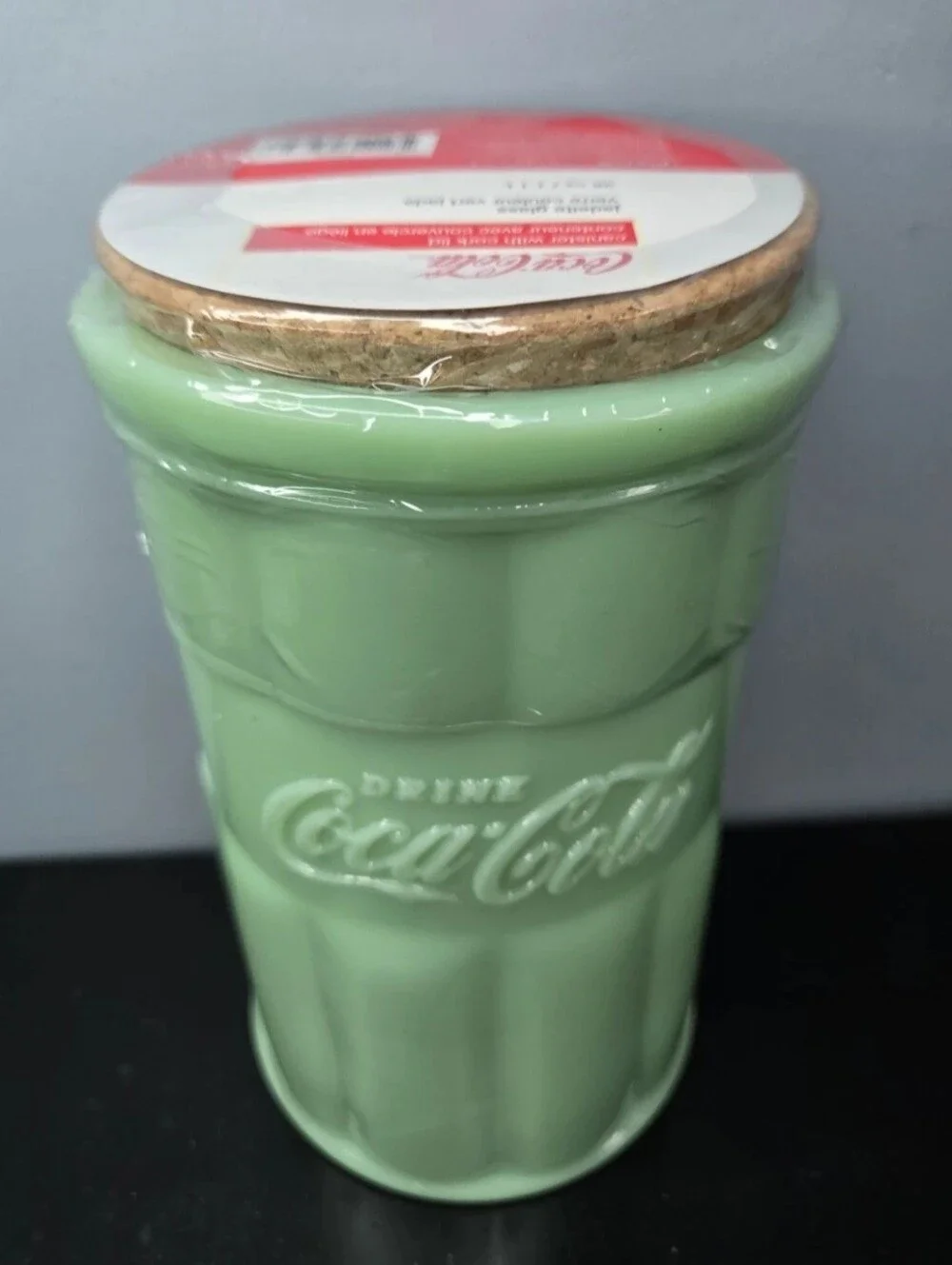 Green Jadeite Coca-Cola Glass Kitchen Canister New/Sealed 38ozw Cork Lid R.E.A.D